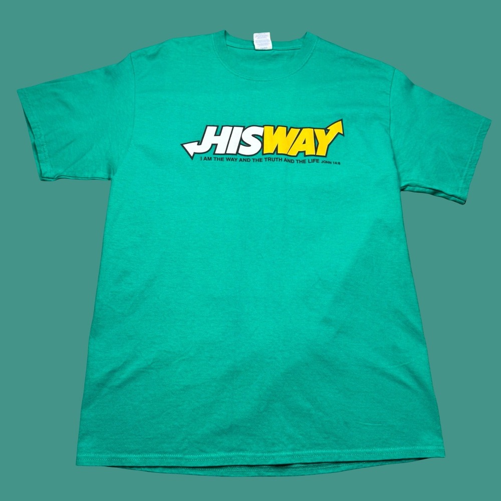 His Way T Shirt Mens Green Large John 14:6 Subway Parody Religious Christian
